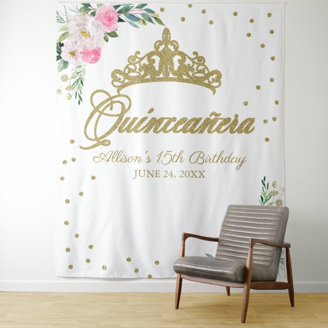 Tenture Quinceanera Gold Tiara Hot rose Floral fond (En situation)