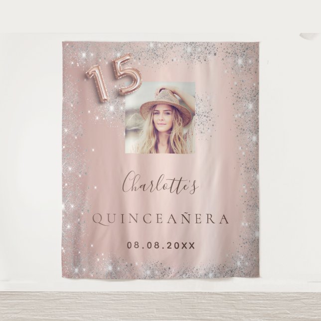 Tenture Quinceanera rose or photo parties scintillant arge (Devant)