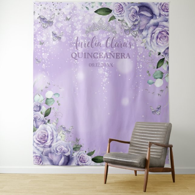 Tenture Quinceañera XV 16 Papillons Floraux Violets Photo (En situation)