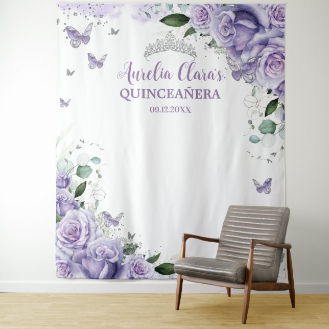 Tenture Quinceañera XV 16 Roses Violettes Florales Papillo (En situation)