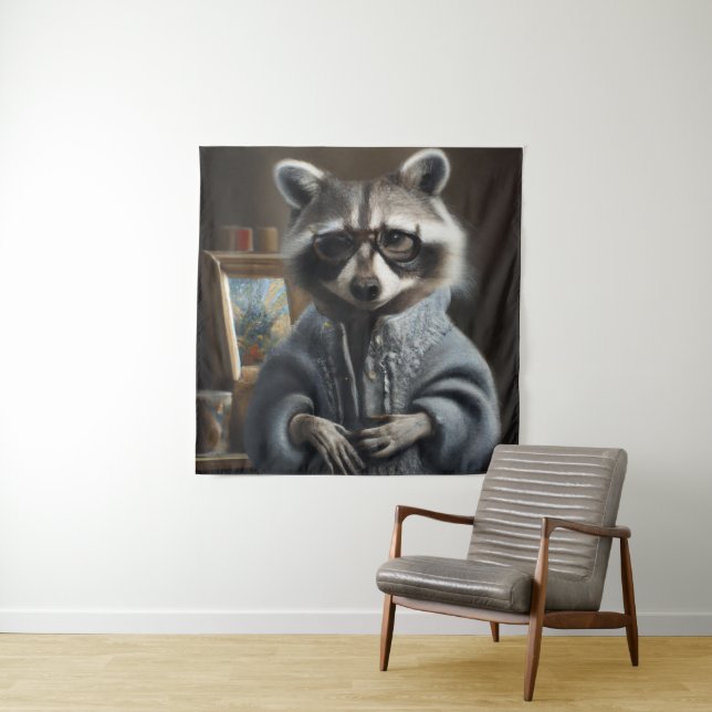 Tenture Raccoon portant un manteau tricot et lunettes amus (En situation)