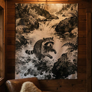 Tenture Raccoon Stream Tapestry | Forest Wildlife Art