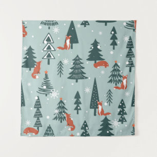Tenture Renards, sapins, hiver, motif coloré