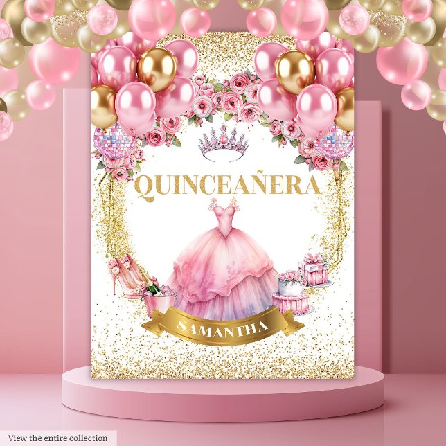 Tenture Robe rose Quinceañera Party Arrière-plan (Pink Dress Quinceañera Party Backdrop Sparkle

)
