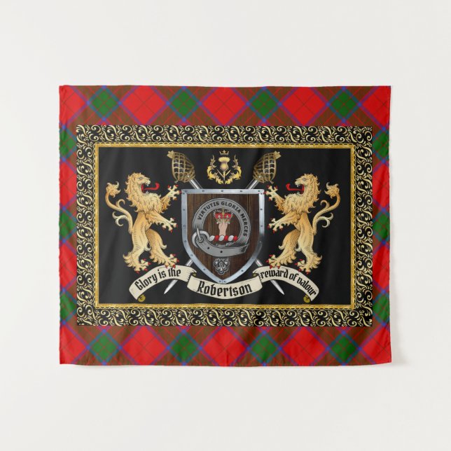 Tenture Robertson Clan Badge & Motto avec Lions (Devant (Horizontal))