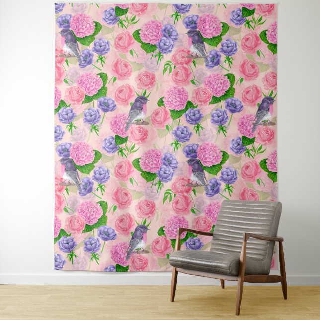 Tenture Robin et fleurs, motif aquarelle (En situation)