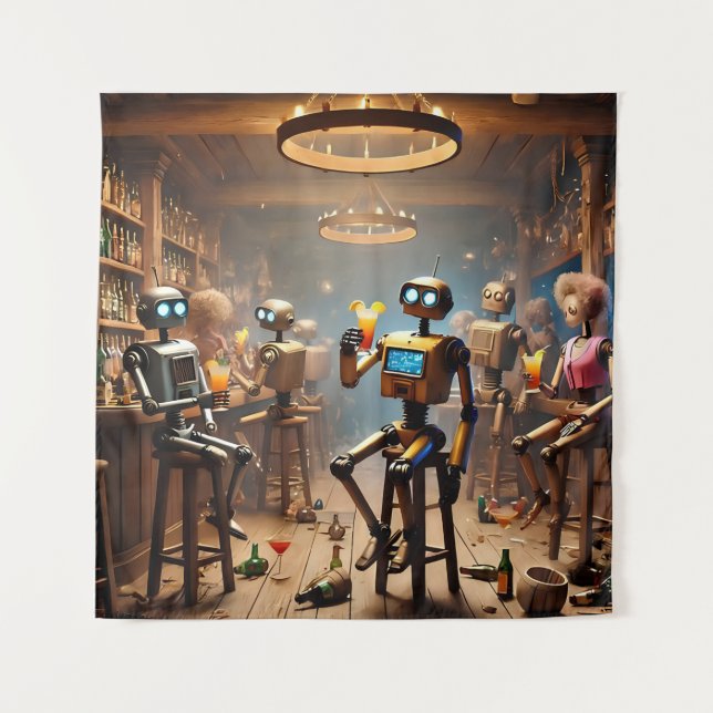 Tenture robots having fun in a bar (Devant)