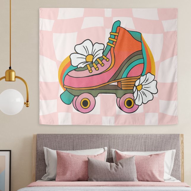 Tenture Roller rétro groovy skate des années 60 hippie arc (Groovy roller skate retro tapestry hippie wall hanging pink checkered print, college dorm room decor)