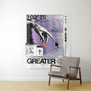 Tenture Romans 8:31 Cyberpunk Main de Dieu Glitch Art