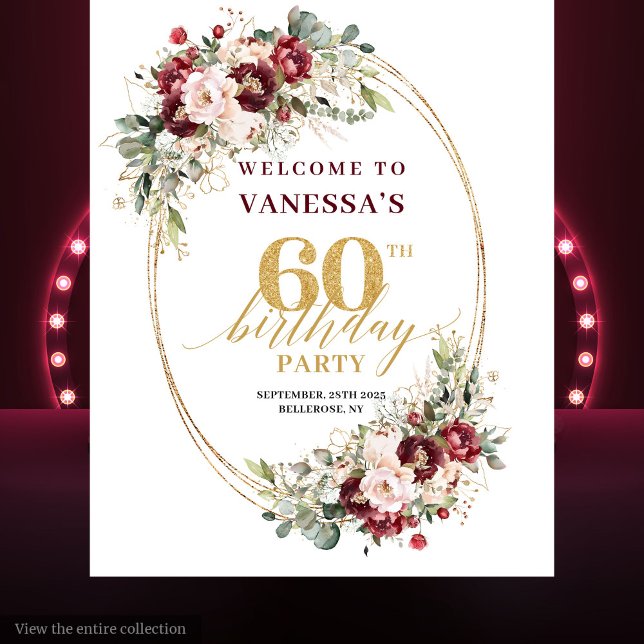 Tenture Romantic Burgundy Gold Greenery 60th Birthday Prop (Romantic Burgundy Gold Greenery 60th Birthday Backdrop)