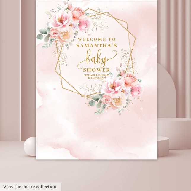Tenture Romantique fleurs rose pâle baby shower arrière-pl (Romantic blush pink flowers baby shower backdrop)
