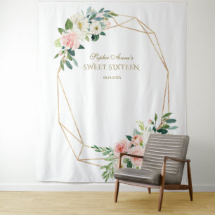 Tenture Rose Blush Floral Gold Sweet 16 Photo Booth Prop