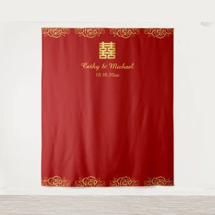 Tenture Rose chinois à fleurs rouge et or arrière-plan mar