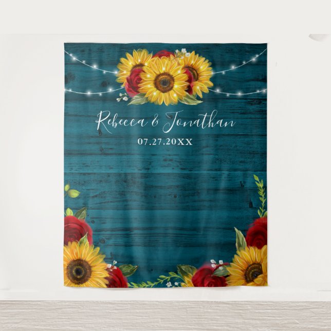 Tenture Rose de tournesol Turquoise bois rustique Mariage  (Devant)