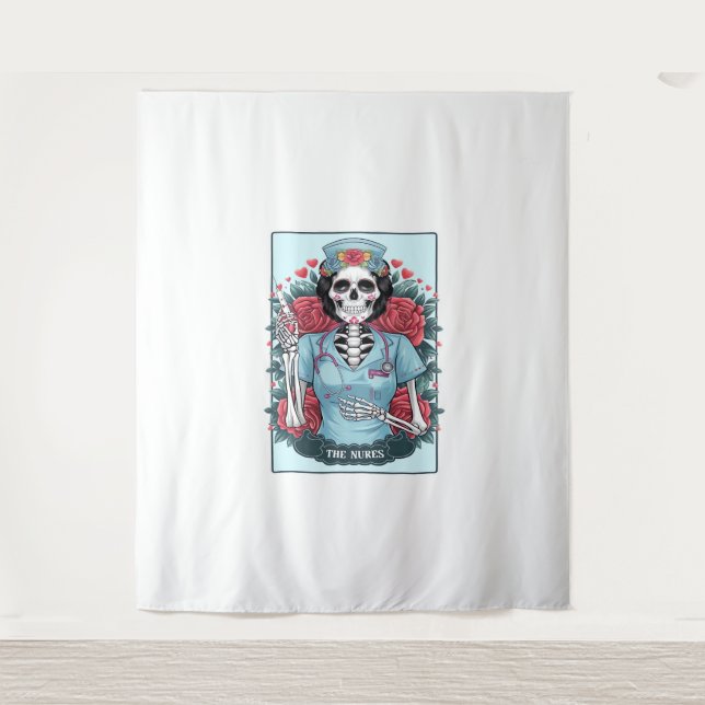 Tenture Rose Floral Skeleton Nurse Carte Tarot Halloween E (Devant)