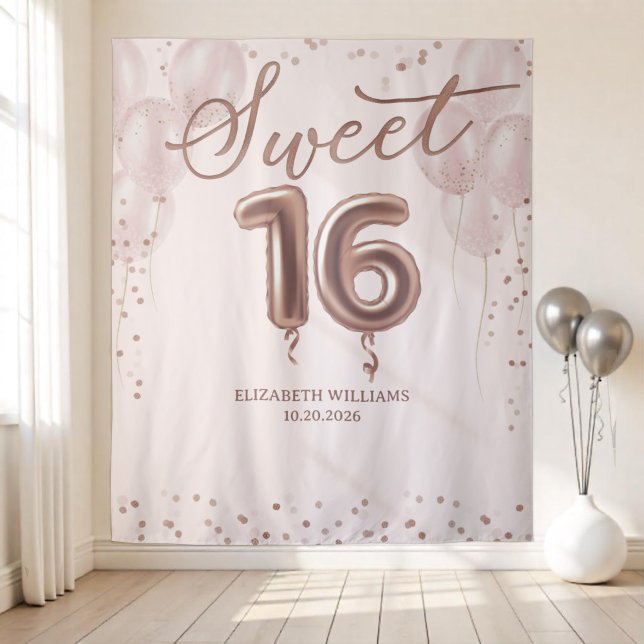 Tenture Rose Gold Foil Sweet 16 Ballons rose fond (Créateur téléchargé)