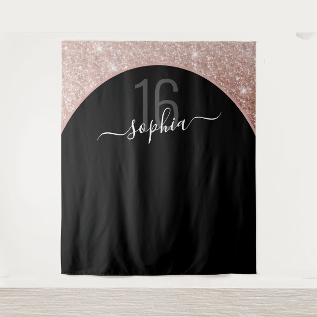 Tenture Rose Gold Glitter 16e Anniversaire Personnalisé (Devant)