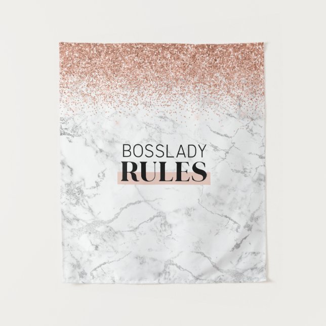 Tenture Rose Gold Glitter Marbre Blanc Logo BossLady Rules (Devant)