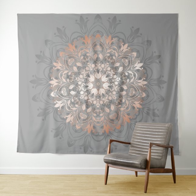 Tenture Rose Gold Grey Floral Mandala (En situation (horizontale))