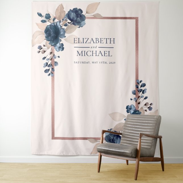 Tenture Rose Gold Navy Blue Dusty rose Floral Mariage (En situation)