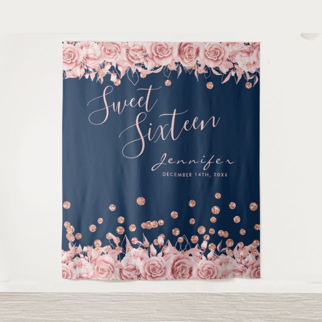 Tenture Rose Gold Navy Sweet 16 Parties scintillant Confet (Devant)