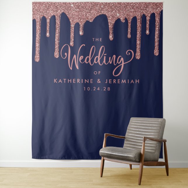 Tenture Rose Gold Pailleté Bleu Marine Mariage Bienvenue (En situation)