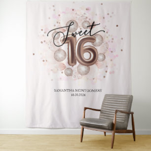 Tenture Rose Gold Sweet 16 Ballons Anniversaires Pink fond