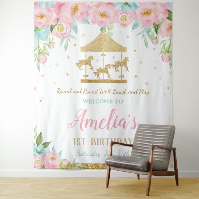 Tenture Rose Menthe Floral Carousel 1er Anniversaire Bienv (En situation)
