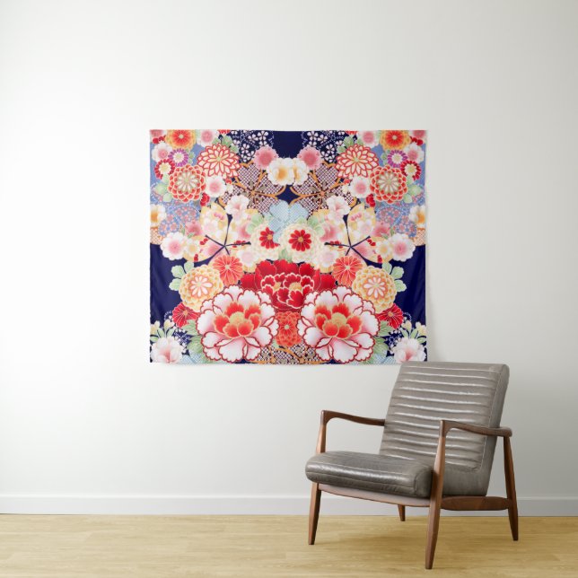 Tenture ROSE ROUGE BLANC FLEURS pivoines, Floral japonais  (En situation (horizontale))