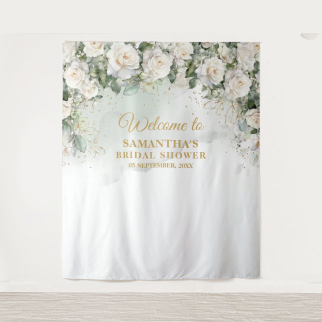 Tenture Roses blanches romantiques Eucalyptus Douche nupti (Devant)