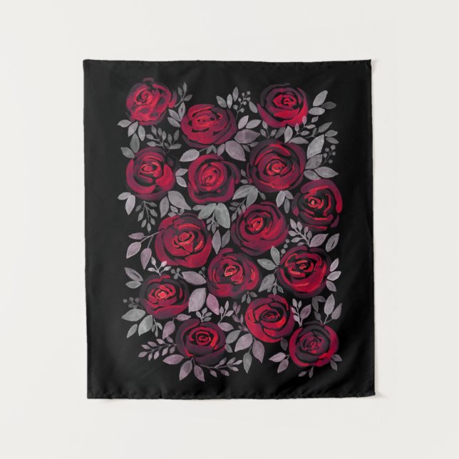Tenture Roses d'aquarelle, roses rouges sur noir (Devant)