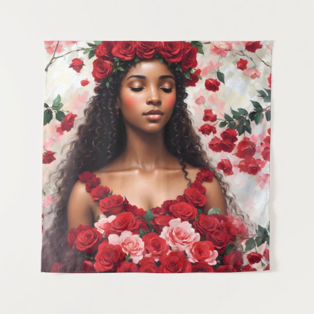 Tenture Roses Rouges Belle Black Woman Art (Devant)