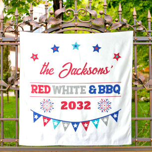 Tenture Rouge blanc et BBQ 4 juillet nom de famille feux d
