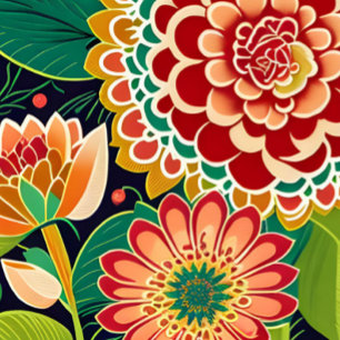 Tenture Rouge rétro, Orange, Flore verte, Boho, Hippie