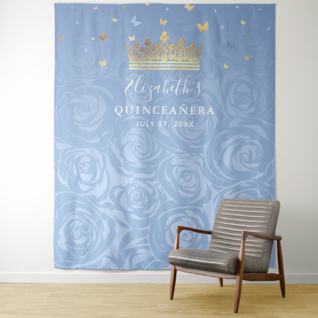 Tenture Royal Baby Blue et Gold Roses photo fond (En situation)