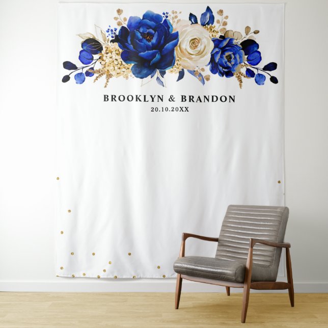 Tenture Royal Blue Gold Metallal Floral Mariage Tapestry (En situation)