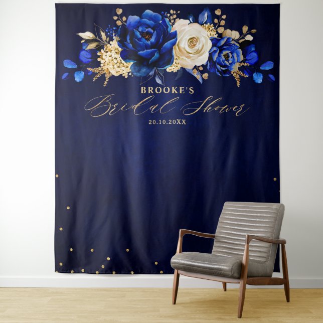 Tenture Ruban de mariage floral métallisé bleu royal or (En situation)