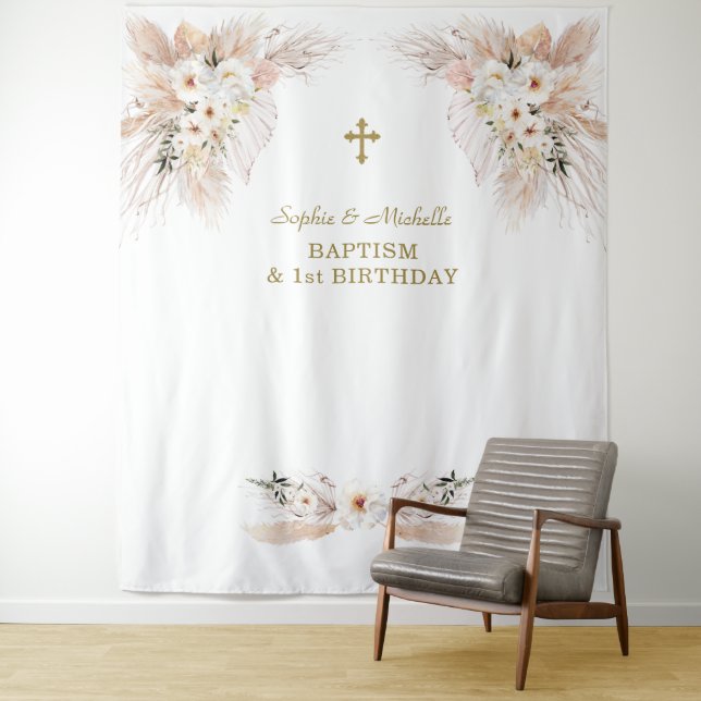 Tenture Rubans de baptême pour jumelles pour 1er anniversa (En situation)