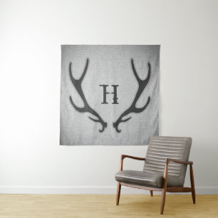 Tenture Rustic Deer Antlers Grey Faux Burlap Texture