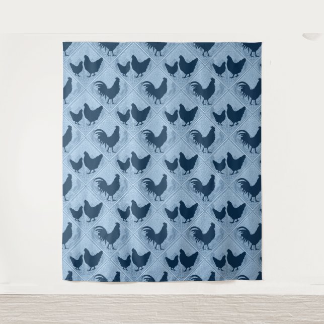 Tenture Rustic Farmhouse Hen Pattern – In Blue  (Devant)