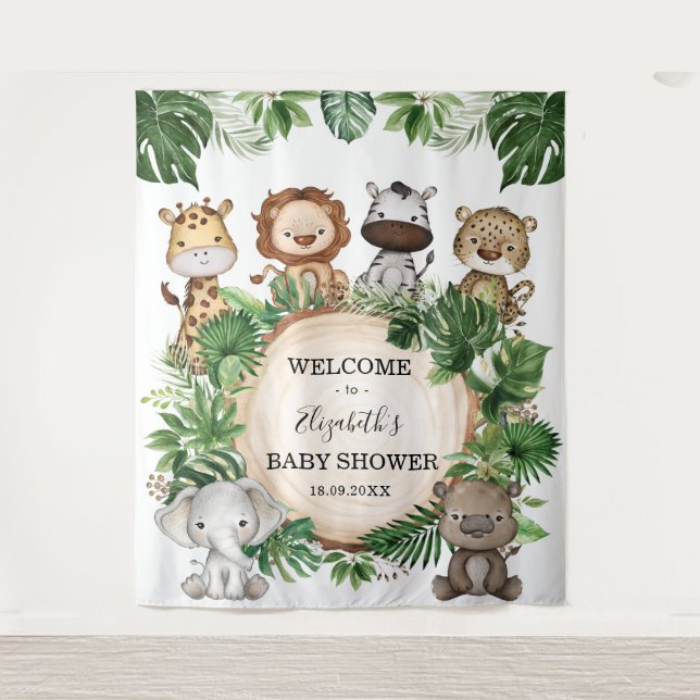 Tenture Rustic Tropical Jungle Safari Animaux Baby Welcome (Devant)