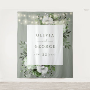 Tenture Sage Green String Lights Floral Photo fond