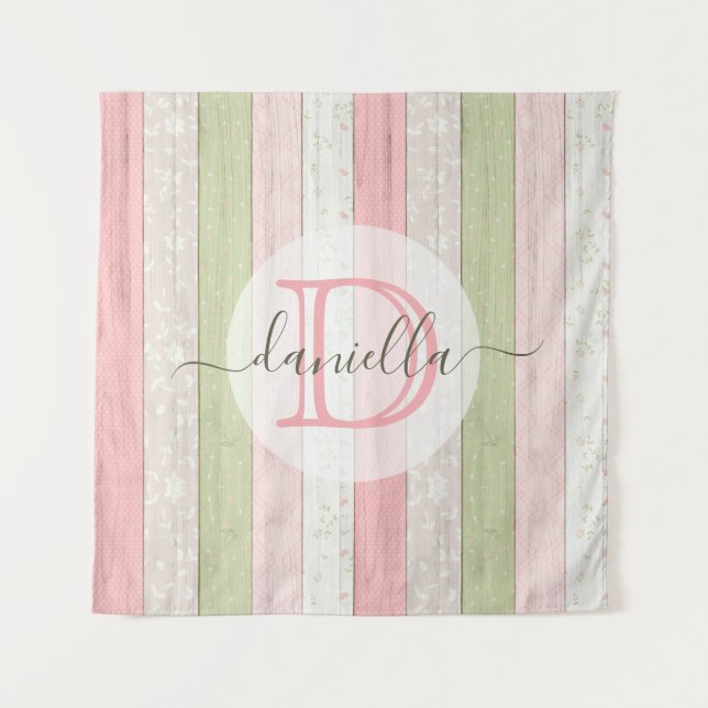 Tenture Sage rustique Vert & Rose Floral Bois Personnalisé (Devant)