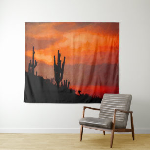 Tenture Saguaro Cactus Silhouette Arizona Red Sunset