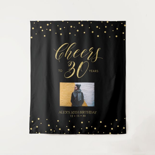 Tenture Santé | Gold & Black 30th Birthday Party Photo (Devant)