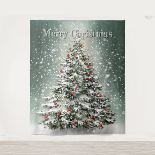 Tenture Sapin de Noël vert Ornements colorés Neige blanche