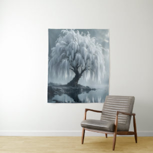 Tenture Saule pleureur au bord d'un étang, noir et blanc