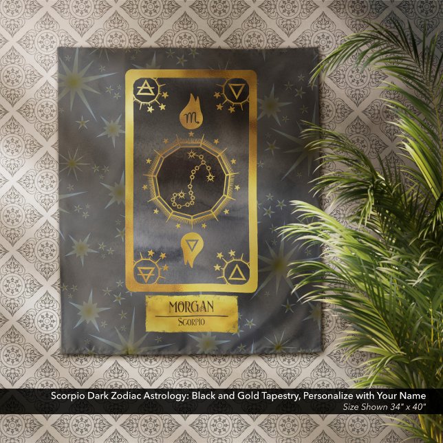 Tenture Scorpio Dark Zodiac Astrologie : Black Gold Nom (Scorpio Dark Zodiac Astrology: Black and Gold Tapestry, Personalized with Your Name.)