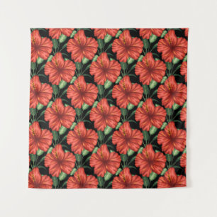 Tenture Seamless pattern Tropical red flowers green leaves