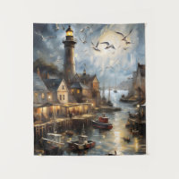 Serene Coastal Village à Dusk Nautical Harbour Art
